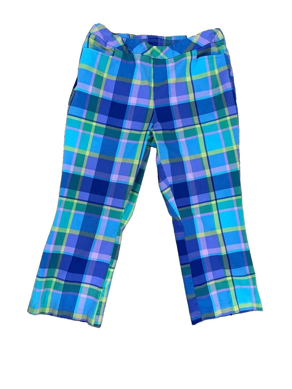 Isaac Mizrahi Live Women's 16 Plaid Cropped Pants Blue Green Purple Stretch